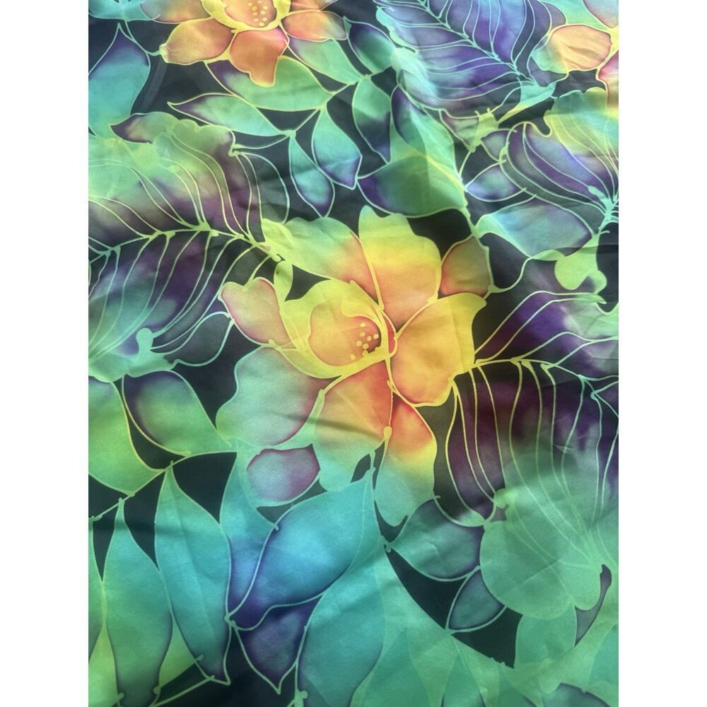 Artist Signed Hand Painted Silk Scarf Large Square Green Floral Wearable Art 34” - Picture 2 of 4